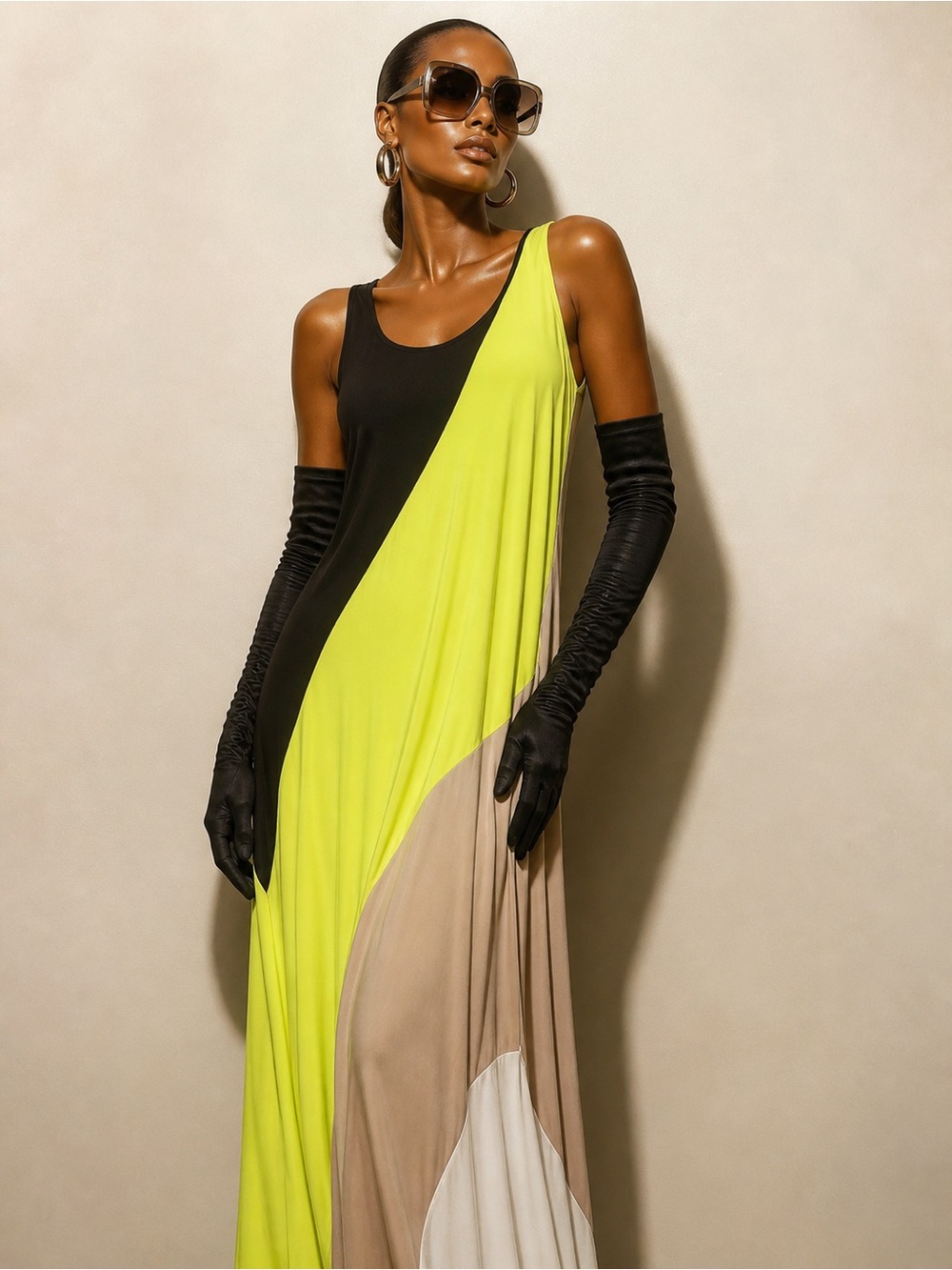 Black and Lime Colorblock Maxi Dress
